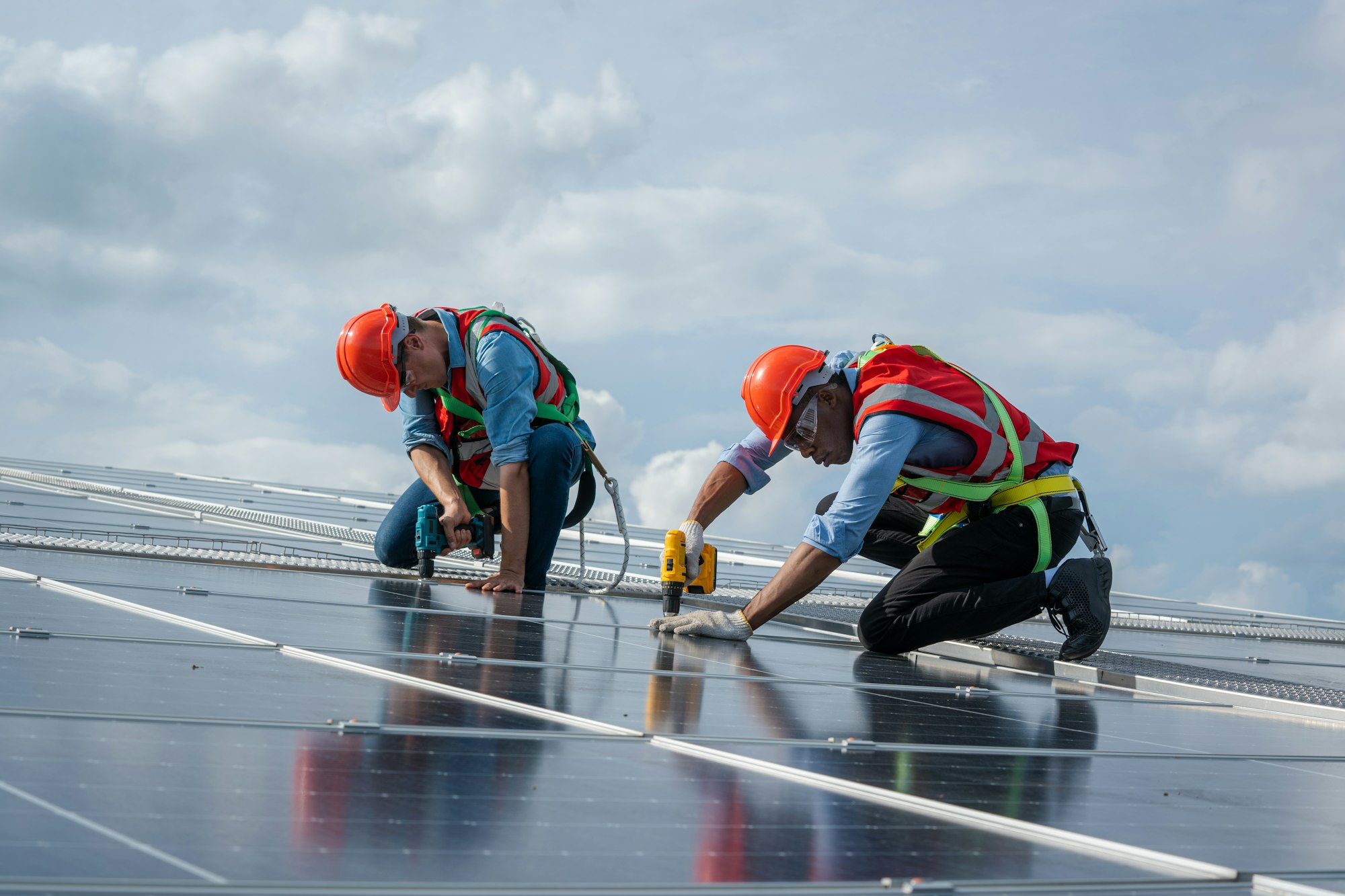 Technician checks and maintenance of the solar panel at solar power plant,Solar panels.